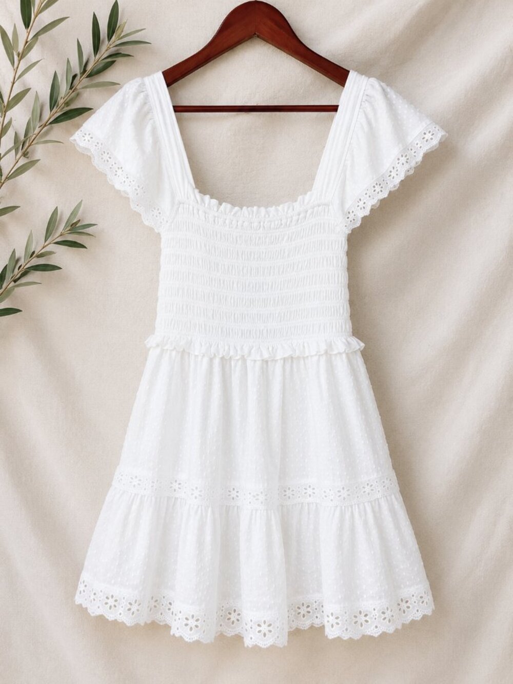Flag & Anthem White Swiss Dot Smocked Eyelet Tiered Cottagecore Milkmaid Dress